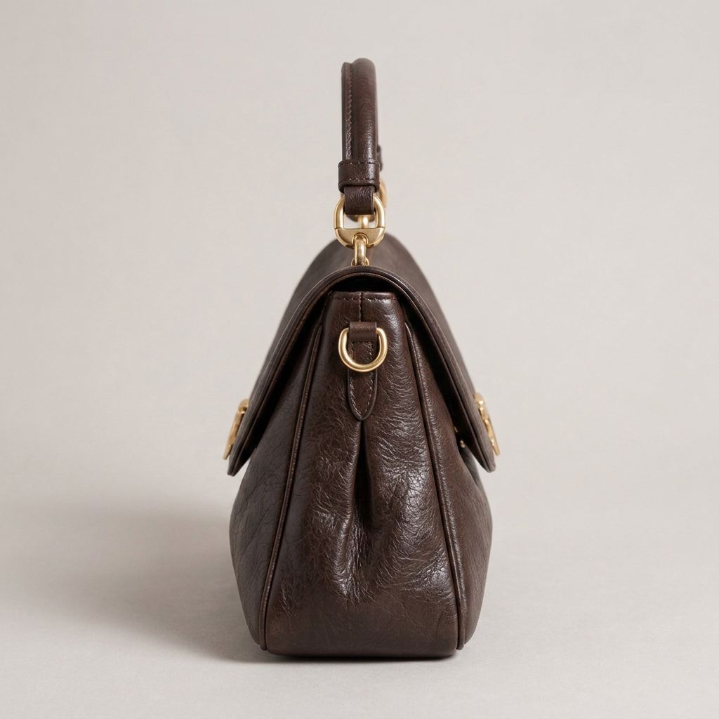Alaïa vue de profil à 90 degrés, soufflet souple et épaisseur réelle du sac