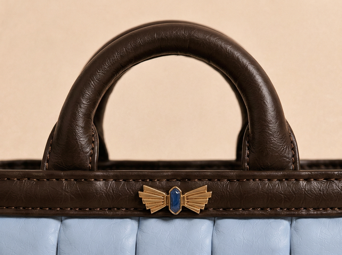 Détail des deux anses arrondies en cuir chocolat lisse et de leurs attaches cousues