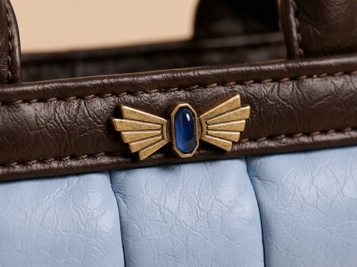 Détail de la libellule en laiton doré vieilli et de sa pierre bleue sertie