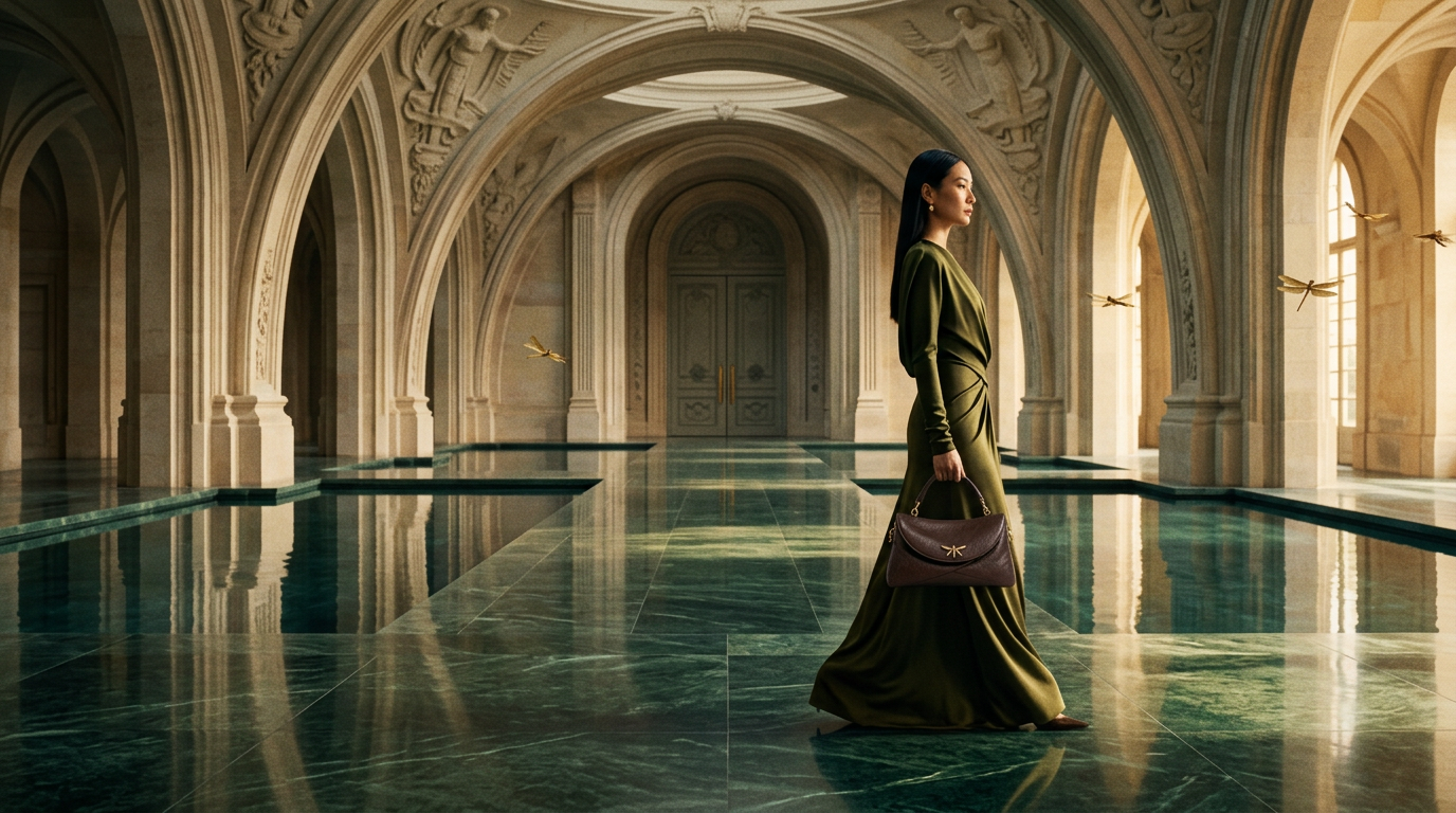 Campagne Maison JR : une femme en robe couture olive traverse un palais monumental de pierre et de marbre vert, Alaïa chocolat à la main, libellules dorées dans l'air