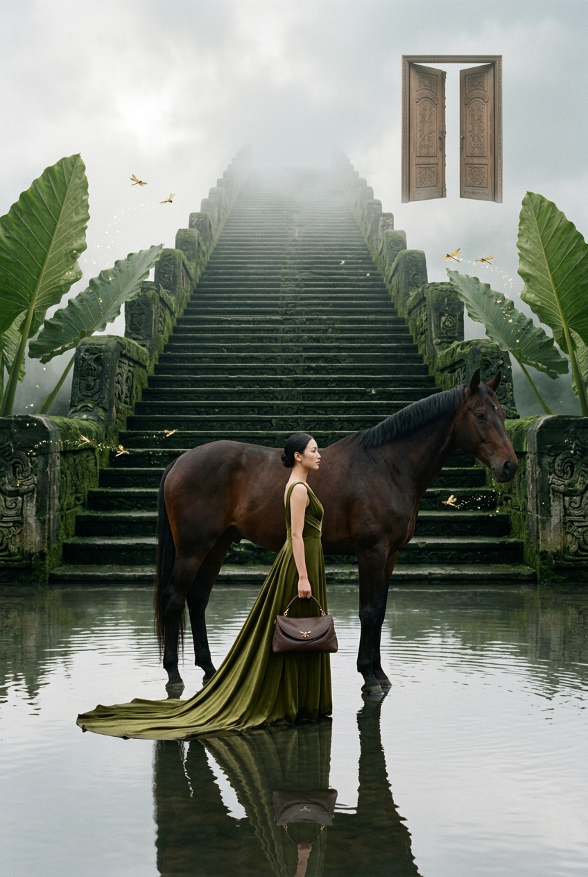 Campagne surréaliste : escalier de pierre moussue montant dans la brume, cheval sombre dans l'eau, portes suspendues, Alaïa chocolat à la main