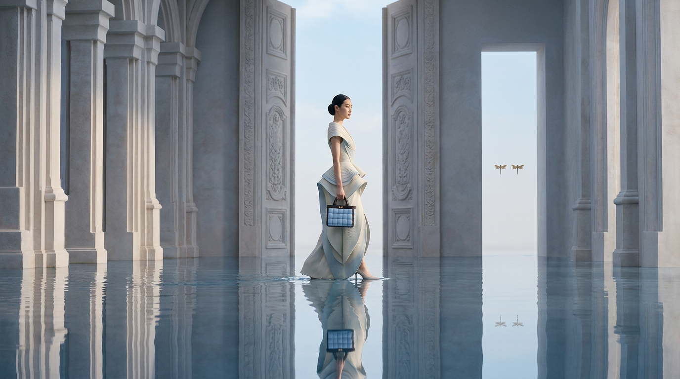 Campagne Maison JR : une femme en robe couture ivoire traverse un palais monumental posé sur une eau miroir, Anne-Marie bleu ciel et chocolat à la main