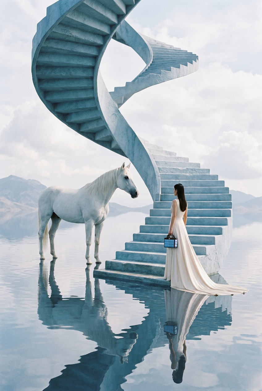 Campagne surréaliste : escalier bleu-gris montant vers le ciel, cheval blanc dans l'eau, Anne-Marie bleu ciel au creux de la main