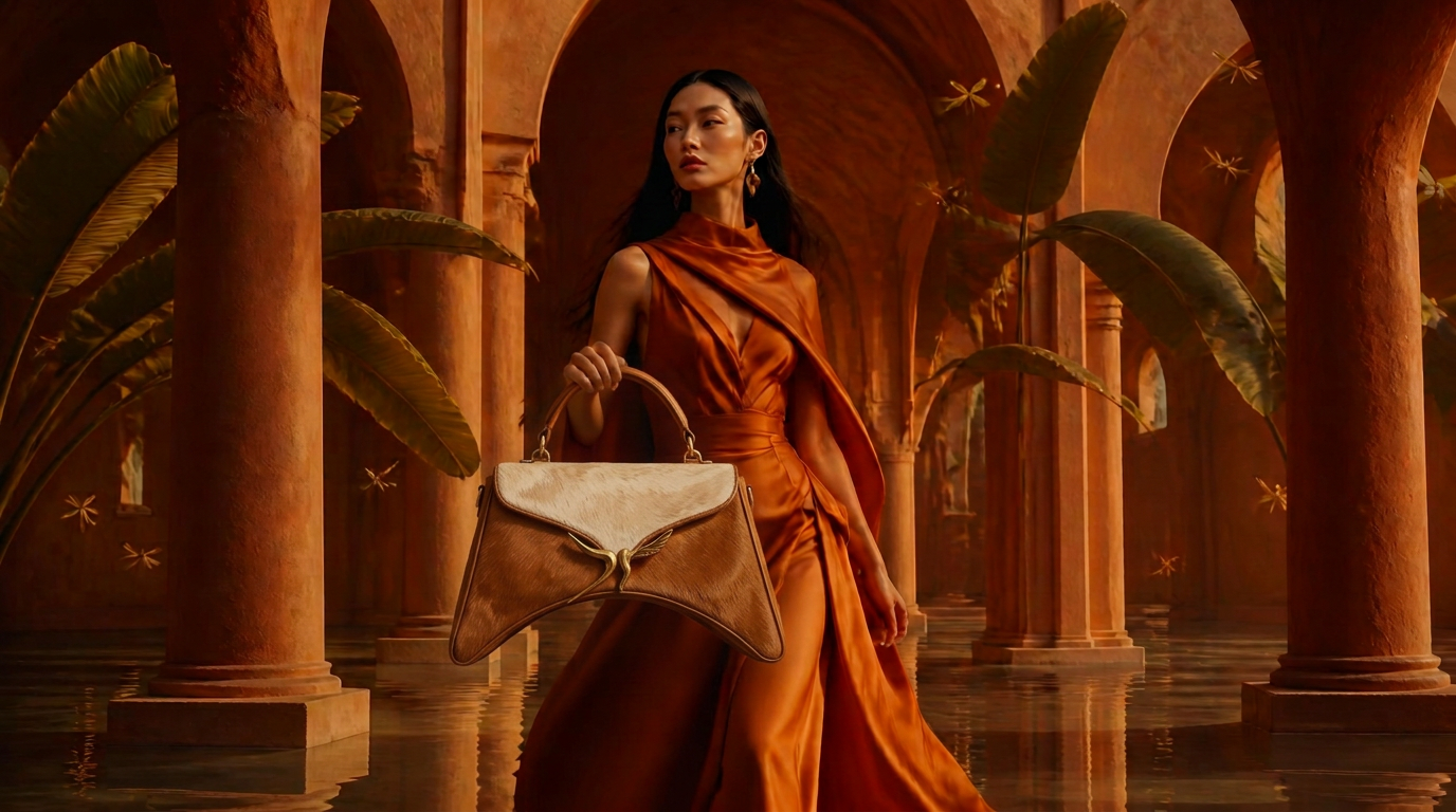 Campagne Maison JR : une femme en robe de soie orange brûlée traverse un palais d'arches en terre cuite inondé d'eau, Léon cognac et écru à la main, libellules dorées en suspension