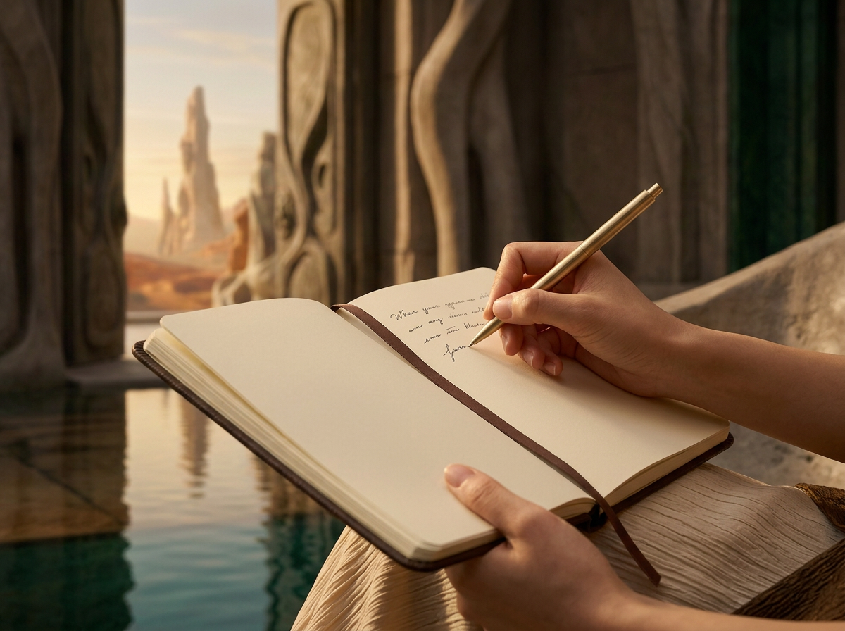 Elle écrit — le carnet ouvert, la lumière basse