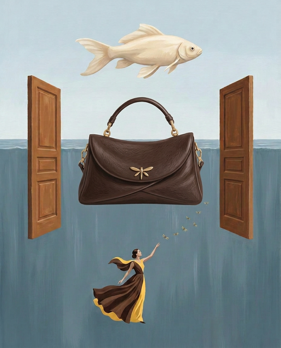 Peinture éditoriale : le sac Alaïa, rabat demi-lune et anse unique, suspendu entre deux portes cognac au-dessus d'une mer verticale, poisson monumental dans le ciel pâle