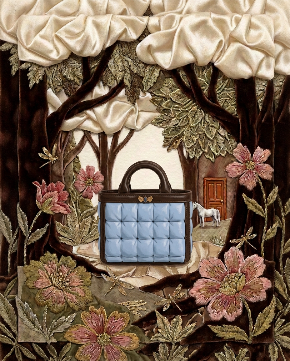Peinture éditoriale : le baluchon Anne-Marie dans un jardin de tissus, velours chocolat, fleurs brodées et libellules dorées