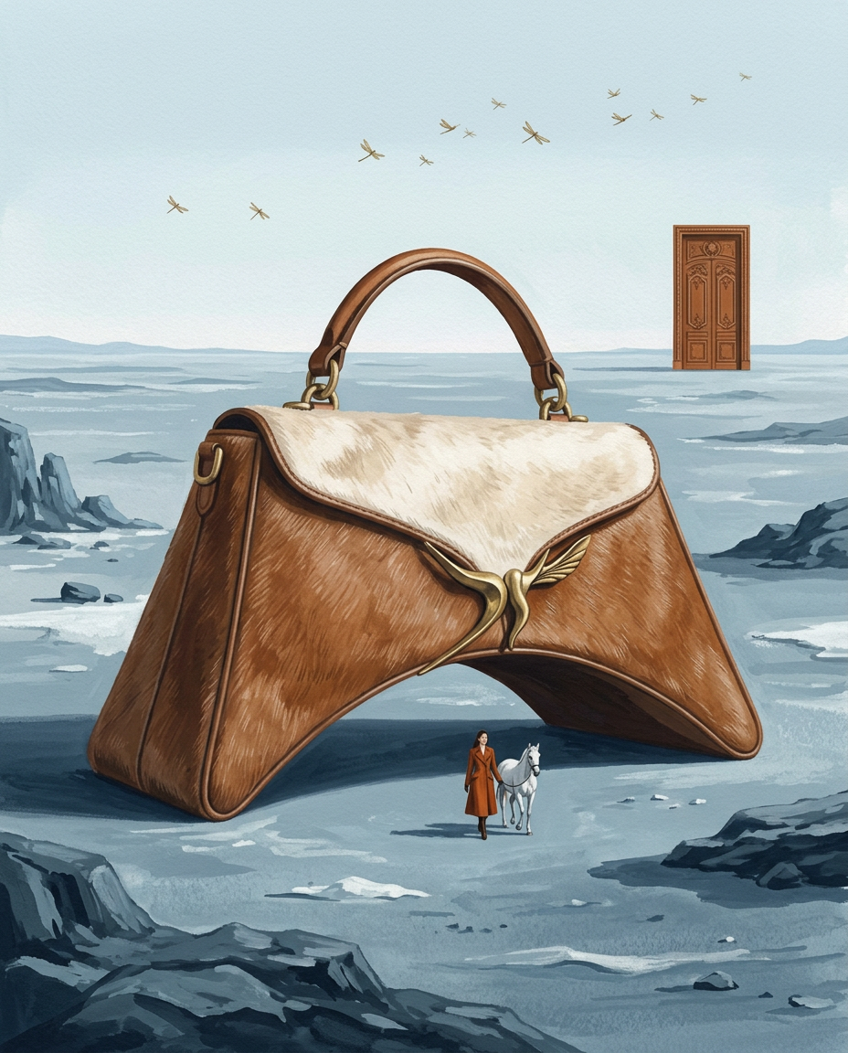 Peinture éditoriale : le sac Léon devenu arche monumentale dans un désert minéral bleu-gris, silhouette en manteau orange et cheval blanc